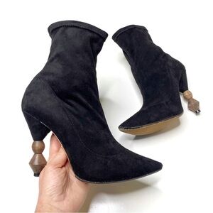 SCHUTZ Tailine Sock Boots Geometric Wood Heel Leather Black 7